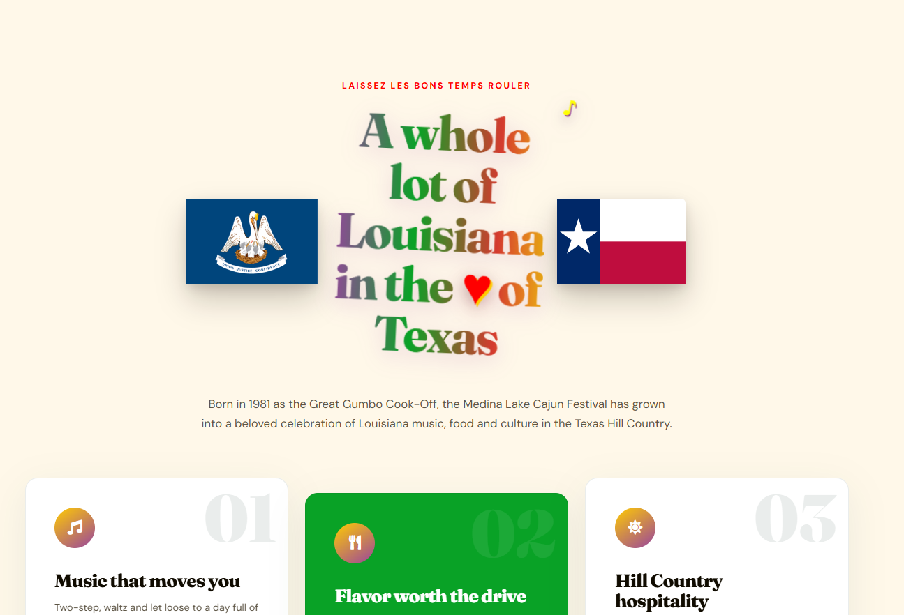 Festival overview section showing Louisiana and Texas visual styling